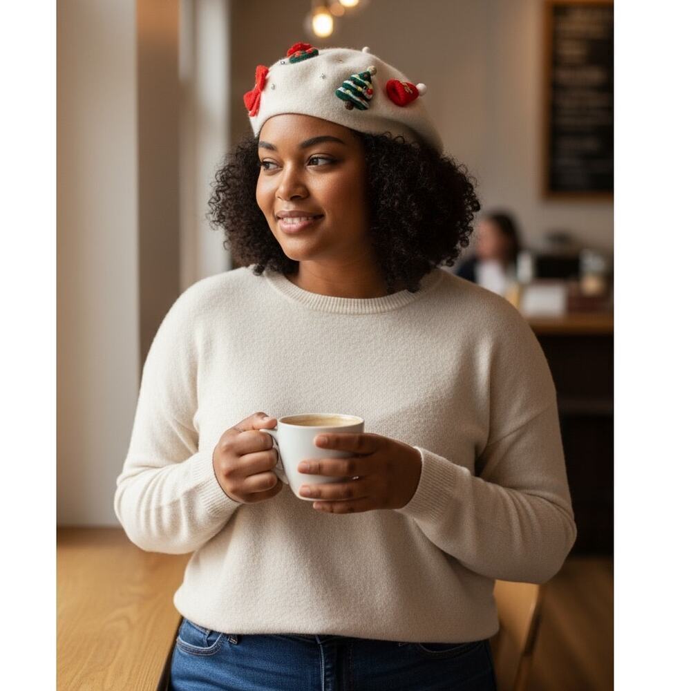 Christmas Theme Cream Beret Hat Girls Polyester French Beret Hat